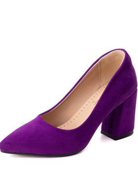 休闲百搭素面尖头单鞋紫色绒面粗跟高跟鞋大码45 46 47 48 49 50