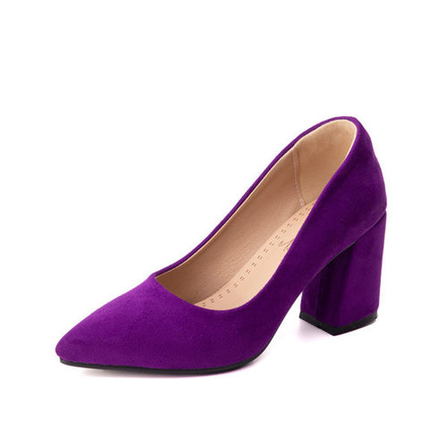 休闲百搭素面尖头单鞋紫色绒面粗跟高跟鞋大码45 46 47 48 49 50