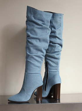 褶皱显高方头粗跟过膝靴蓝色牛仔布长靴子大码45 46 47 48 49 50