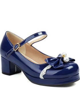 蓝色漆皮中跟鞋珍珠蕾丝蝴蝶结粉色粗跟单鞋大码44 45 46  47 48