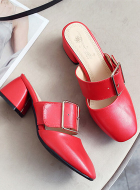 帅气皮带扣中跟拖鞋黄色包头粗跟凉拖鞋大码44 45 46 47 48 49 50