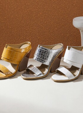 性感鳄鱼纹粗高跟拖鞋黄色凉鞋高跟银色凉拖鞋大码44 45 46 47 48