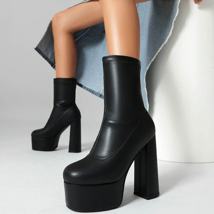 防水台粗跟夜店鞋银色高跟鞋14CM超高跟短靴子大码44 45 46 47 48