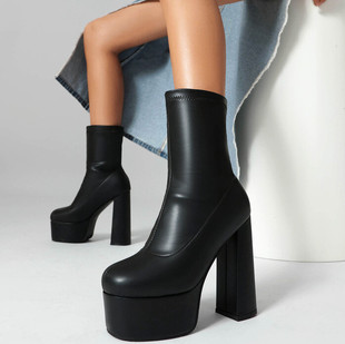 防水台粗跟夜店鞋银色高跟鞋14CM超高跟短靴子大码44 45 46 47 48