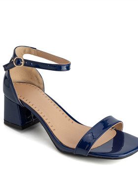 蓝色粗跟凉鞋一字式搭扣糖果色漆皮中跟凉鞋大码46 47 48 49 50