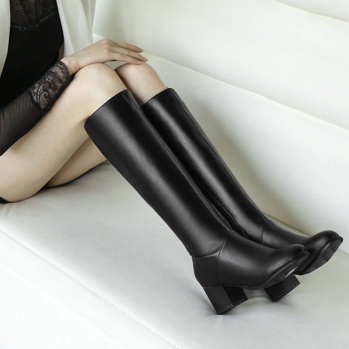 简约休闲粗跟高筒靴经典百搭中跟骑士靴大码44 45 46 47码粗跟靴,女鞋,骑士靴,淘宝优惠券,粉丝福利购,淘宝优惠卷