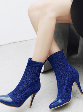 蓝色短靴蓝色高跟靴性感蕾丝显瘦高跟弹力靴大码44 45 46 47 48