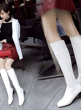 骑士靴大码43 44 45 46 47中跟方头高筒靴大码44-47码白色高筒靴