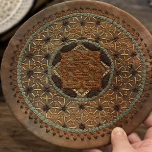 手工刺绣圆形茶巾棉麻手绣茶道专用吸水垫茶艺配件直径20CM  圆喜