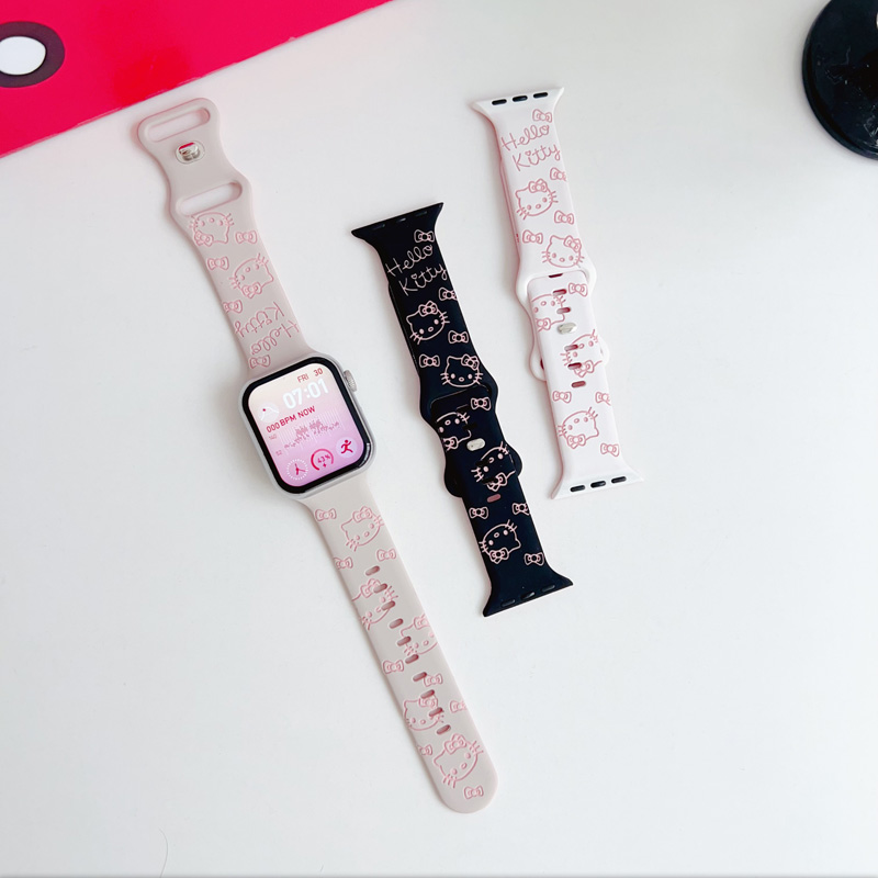 适用苹果手表s10硅胶表带iwatch9se876543可爱卡通KT猫双色雕刻女