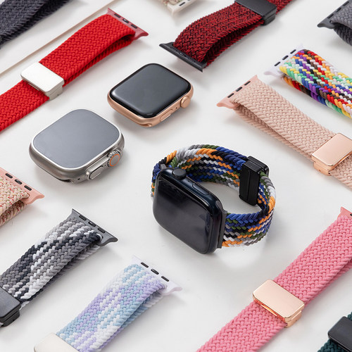 适用Applewatch10ultra3尼龙弹力编织表带苹果11手表987se2磁吸扣