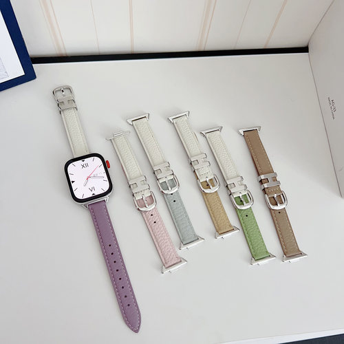 适用华为手表FIT3荔枝纹真皮表带watchFit4pro4拼色H金属扣男女款