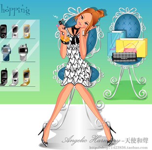 AI矢量人物插画  卡通时尚购物女孩 商场橱窗背景设计素材 DM单52