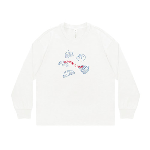 呼吸放松烘焙食品印花长袖T恤