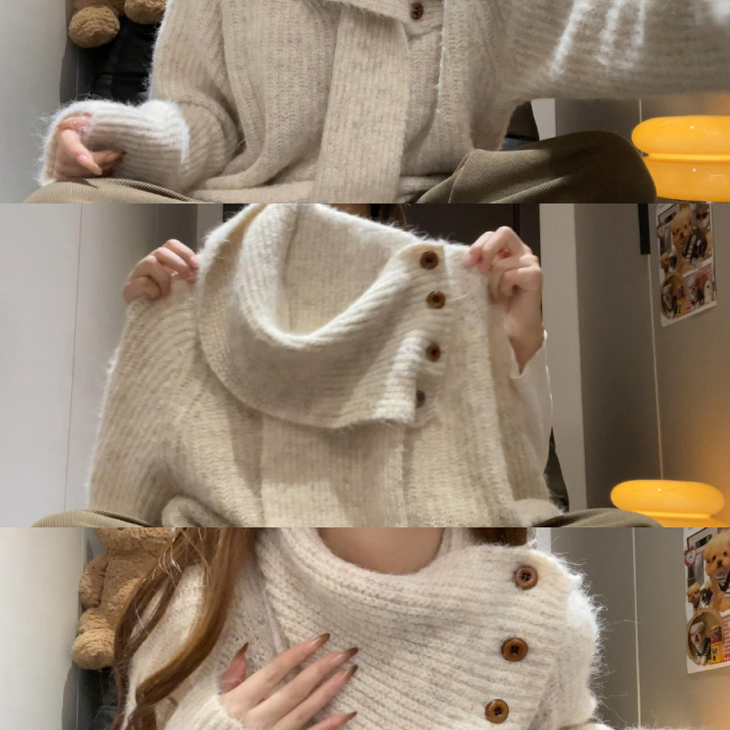 可拆卸围巾v领毛衣女秋冬美式复古小众设计感慵懒宽松韩系针织衫