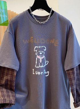 胖mm240斤大码高级感深灰色拼接格子长袖假两件T恤女早秋别致上衣