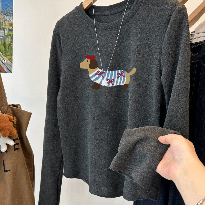 胖MM大码240斤腊肠狗减龄德绒加厚短款长袖T恤女秋冬显瘦保暖内搭