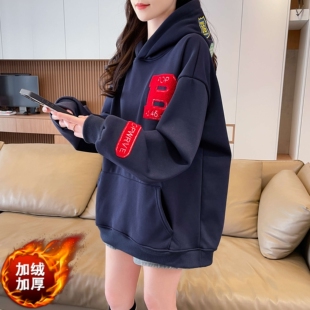 超火小众不撞款藏青色连帽卫衣女春秋大码高级感流行爆款刺绣上衣