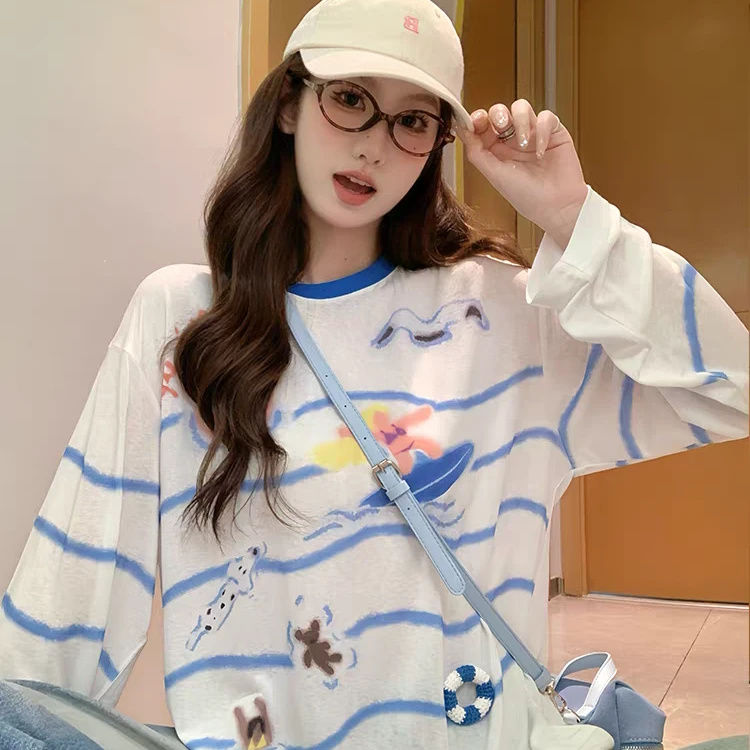 韩系卡通小狗撞色长袖T恤女夏季新款设计感宽松显瘦防晒衫上衣潮