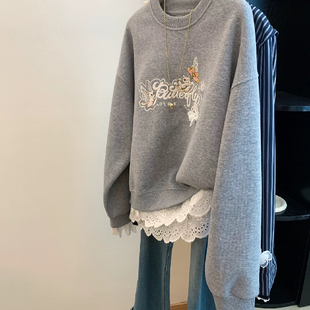 胖MM大码 保暖外套 240斤刺绣蕾丝花边加绒加厚卫衣女秋冬宽松大版