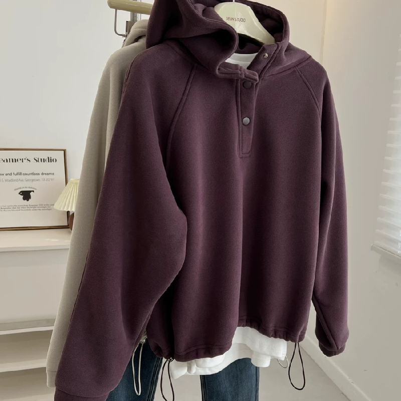 胖MM大码240斤紫色半开领加绒加厚连帽卫衣女秋冬季宽松大版外套
