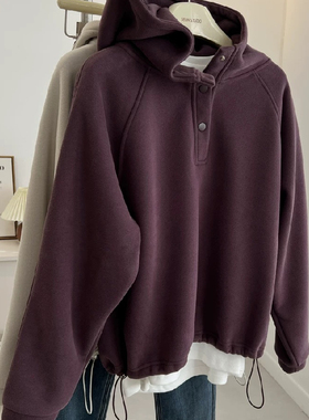 胖MM大码240斤紫色半开领加绒加厚连帽卫衣女秋冬季宽松大版外套