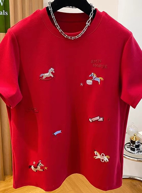 胖MM大码240斤刺绣红色德绒马年短袖T恤女春秋季冬季宽松大版内搭