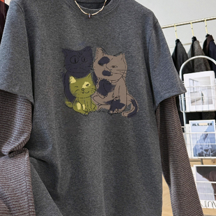 假两件上衣 T恤女秋冬宽松大版 胖MM大码 240斤卡通减龄磨毛加厚长袖