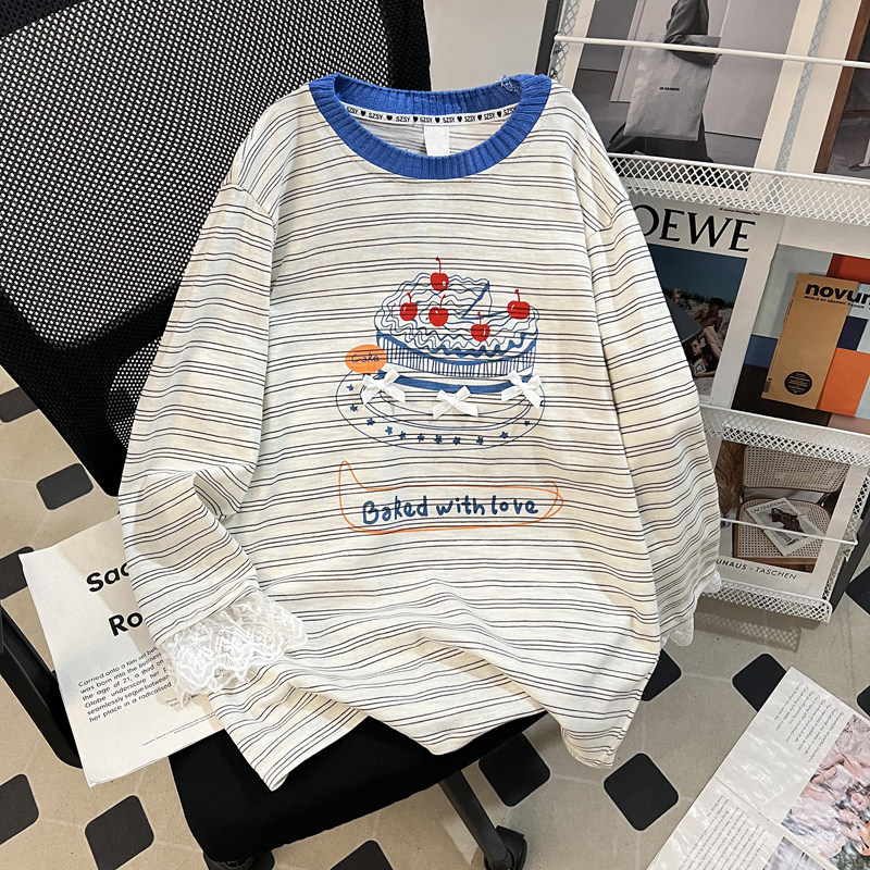 胖MM大码240斤蕾丝花边立体蝴蝶结条纹长袖T恤女春秋季宽松打底衫