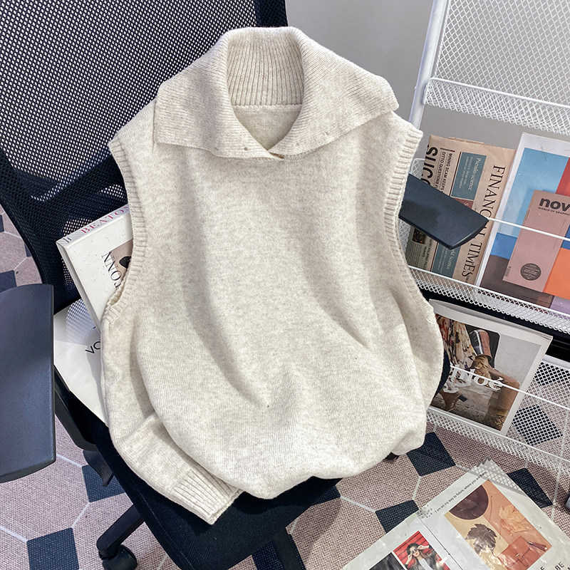 大码翻领针织马甲背心女秋冬新款宽松外穿马夹内搭打底衫坎肩毛衣