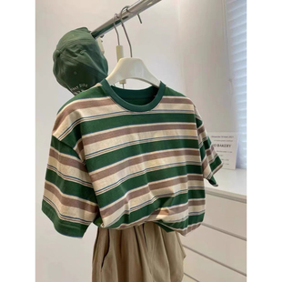特大码300斤复古显白绿色宽条纹短袖T恤女夏季装韩版休闲显瘦上衣
