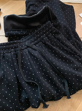 胖MM大码240斤加绒加厚黑色休闲阔腿卫裤女秋冬显瘦松紧高腰拖地