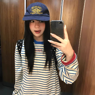 美式复古条纹长袖t恤女2026新款春秋季宽松初中生韩系chic上衣发