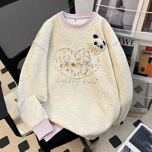 大码美式复古钉珠圆领卫衣女春秋
