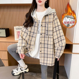 大码女装2025新款秋冬季加绒加厚格子衬衫外套女胖mm开衫连帽上衣