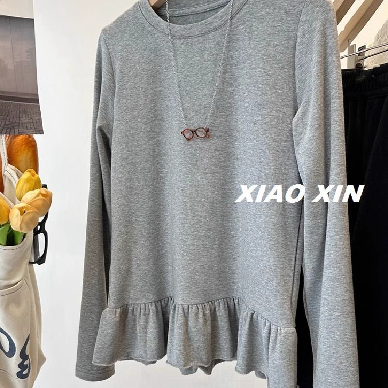 胖妹妹大码300斤磨毛加厚荷叶边下摆长袖T恤女秋冬新款显瘦打底衫