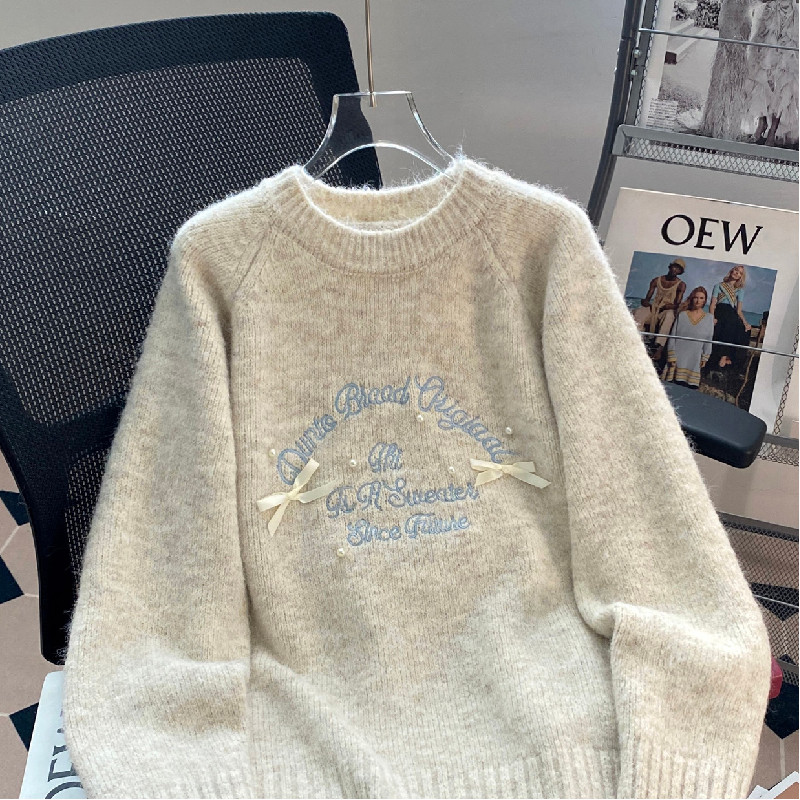 美式复古刺绣蝴蝶结针织毛衣女秋冬新款加厚宽松慵懒风软糯上衣潮,女装/女士精品,T恤,淘宝优惠券,粉丝福利购,淘宝优惠卷