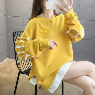 假两件长袖t恤女春秋2025新款韩版上衣潮T胖mm宽松加肥加大码卫衣