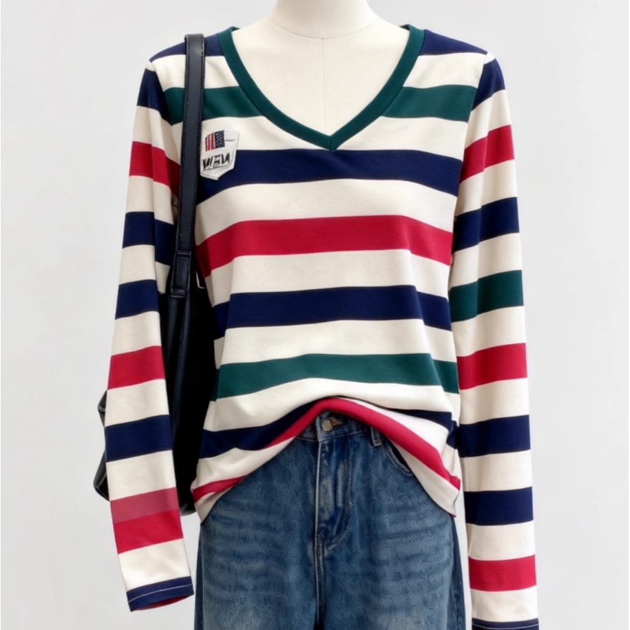 纯棉长袖t恤女v领洋气外穿上衣春秋季2025新款条纹气质内搭打底衫