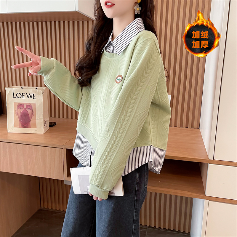 早秋假两件衬衫领薄款卫衣女春秋季学生拼接条纹polo领加绒上衣冬