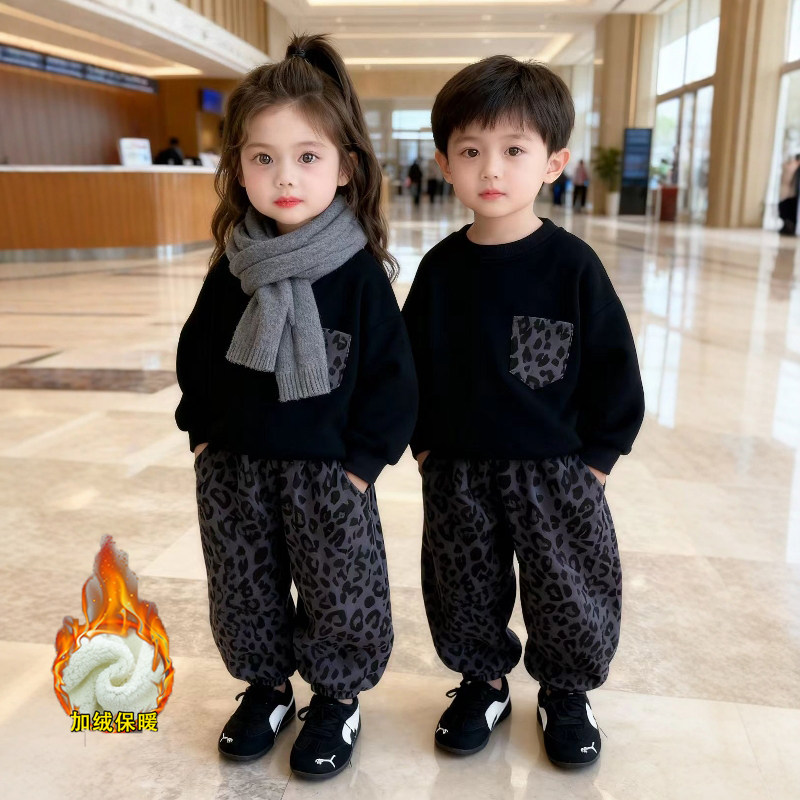 儿童豹纹套装兄妹装加绒加厚保暖卫衣姐弟装秋冬龙凤胎宝宝衣服潮
