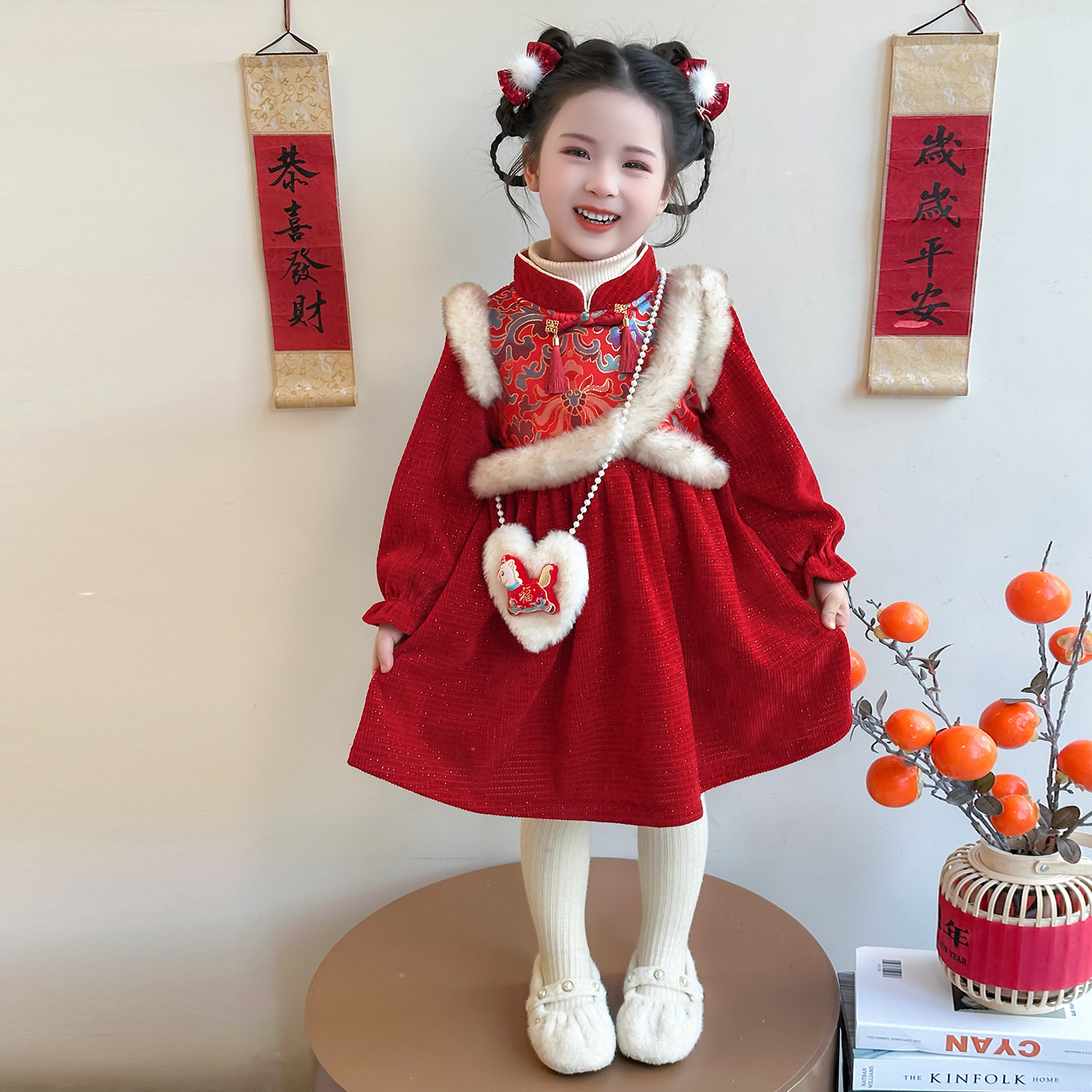 女小童新中式连衣裙秋冬季儿童过年拜年服冬装女宝宝喜庆旗袍裙子