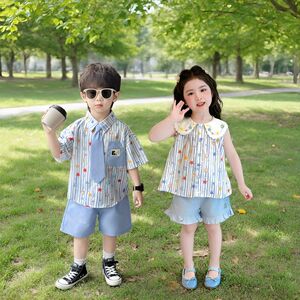 龙凤胎兄妹姐妹姐弟条纹衬衫夏装