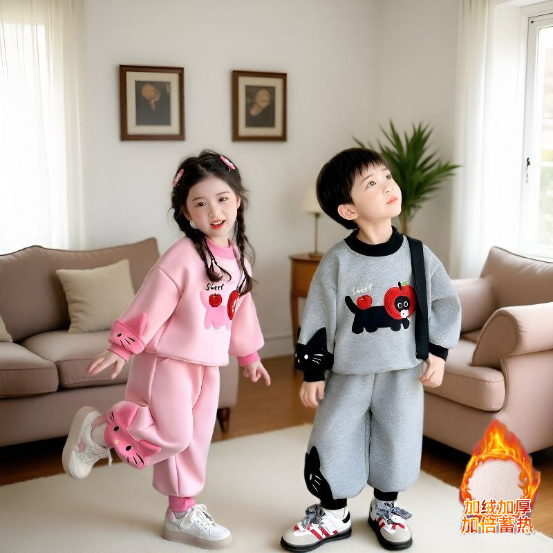 加绒套装女童男童宝宝亲子卫衣洋气姐弟装秋冬保暖龙凤胎兄妹装潮
