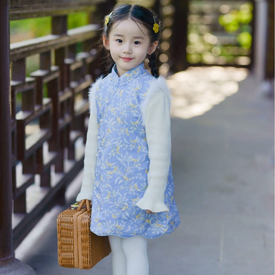 女童加棉背心裙秋冬宝宝旗袍改良汉服拜年服波浪水貂毛保暖国风