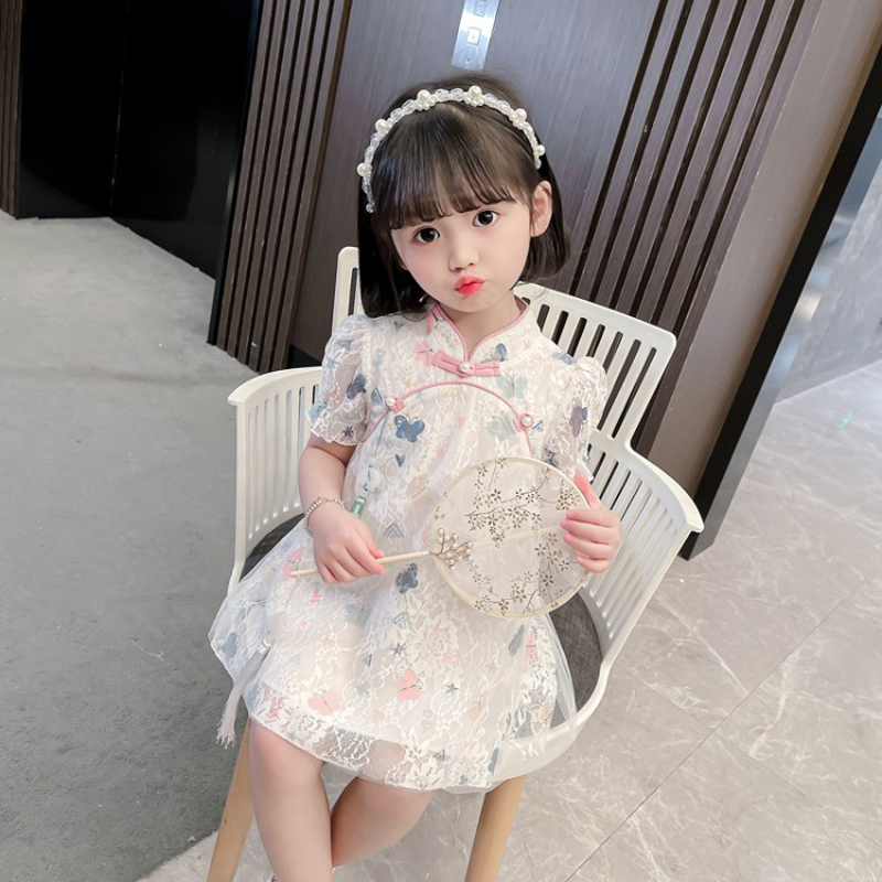 女童唐装旗袍2021新款小童夏装汉服1-7岁女宝短袖棉麻连衣裙子薄