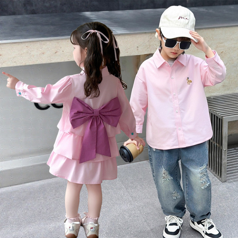 兄妹装儿童2025新款初秋炸街龙凤胎姐弟男童衬衫女童连衣裙子洋气