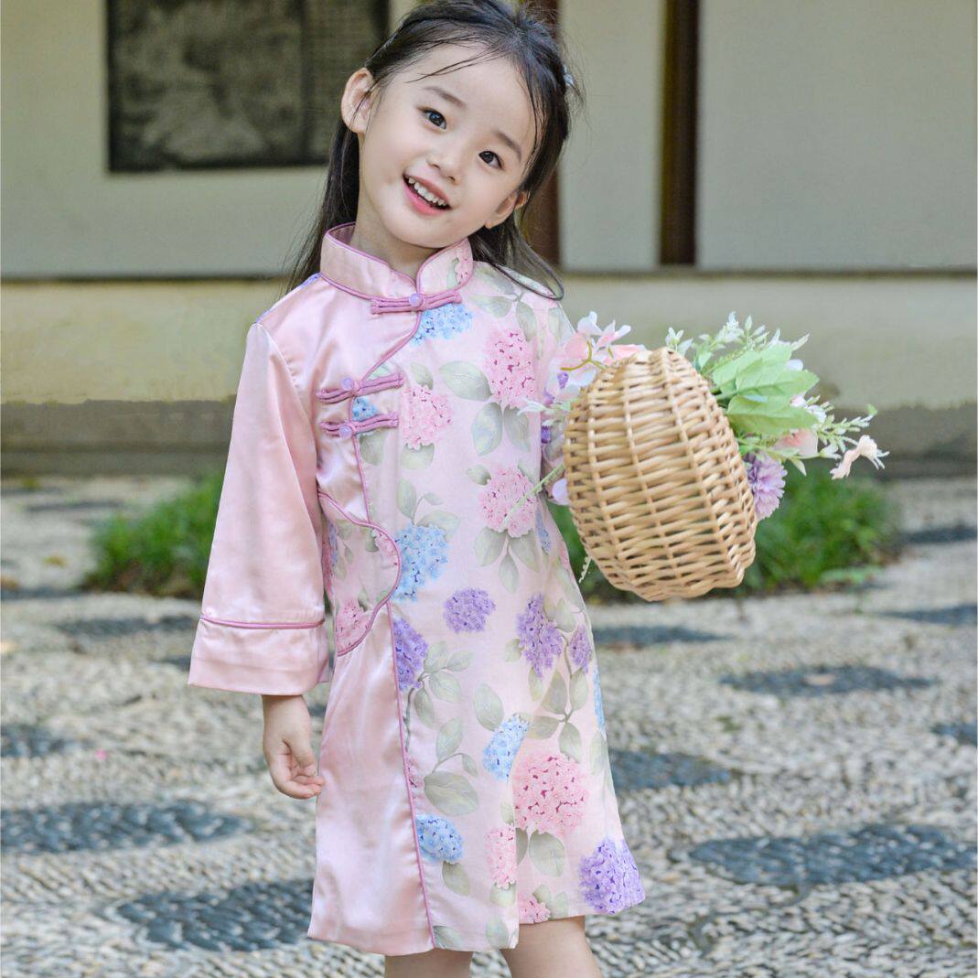 女童绣球花长袖旗袍裙2026秋季装新款粉色儿童裙子宝宝童装