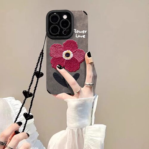 翻毛皮刺绣红花手机壳适用苹果17Air16promax小米15情侣iphone14华为mate70pura80荣耀vivo红米k90oppoIQOO