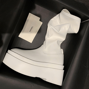 秋冬新款增高女鞋松糕跟长筒靴子真皮高靴瘦腿弹力靴坡跟厚底长靴